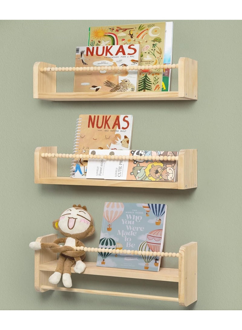 Nursery Shelves Floating Book Shelf for Wall, Kids Shelves for Bedroom Baby Bookshelf Decor, Solid Wood Small Shelving Organizer With Wooden Bead Design 40cm Set of 3 - Image 5